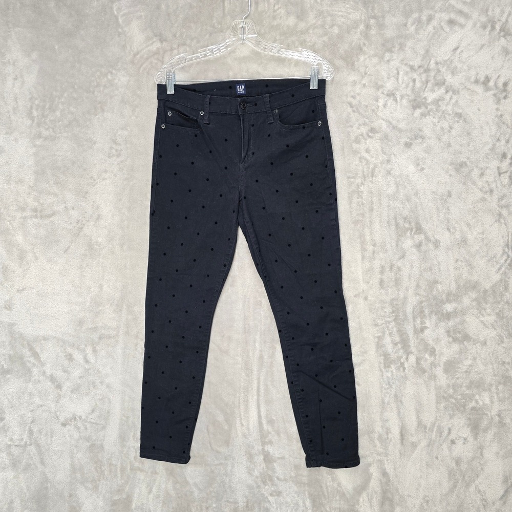 GAP True Skinny Jeans Women 29 Black Polka Dot Flocked Velvet Mid Rise‎ Preppy
